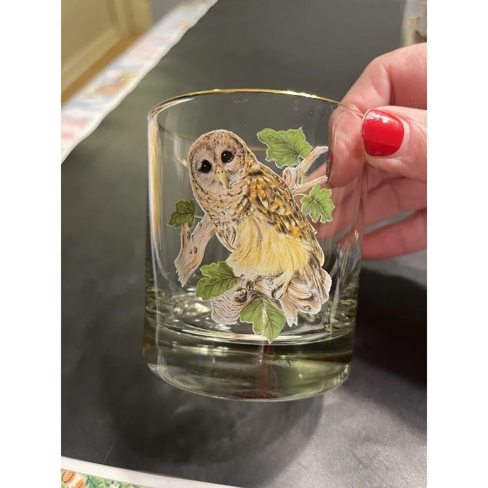 4pc MCM Owl on Branch Gold Rim Tumbler Old Fashion Glasses